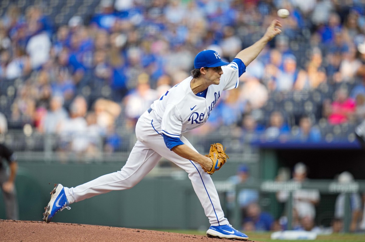 Sep 4, 2021; Kansas City, Missouri, USA; Kansas City Royals starting pitcher Daniel Lynch (52) pitches against the Chicago White Sox during the first inning at Kauffman Stadium. Mandatory Credit: Jay Biggerstaff-USA TODAY Sports